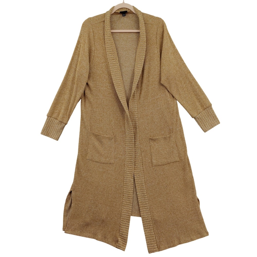 Torrid Womens Cozy Maxi Duster Cardigan 0 L Camel Brown Ribbed Open Front Pocket